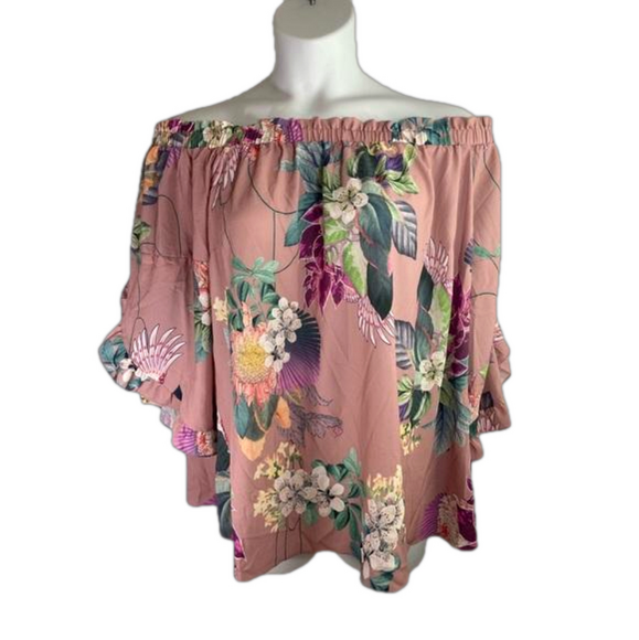 City Chic Tops - City Chic Heartwine Off the Shoulder Top Rose Pink Tropical Floral SKU0467